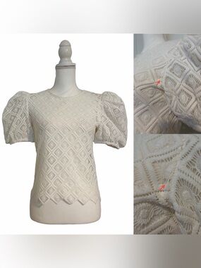 Express White Large Puff-Sleeve Lace Knit Top Women’s XS